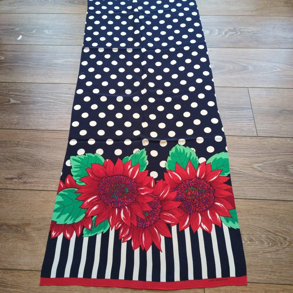 Vtg Liz Claiborne Graphic Floral Silk Scarf -‎ Stripes Polka Dot Red White Black